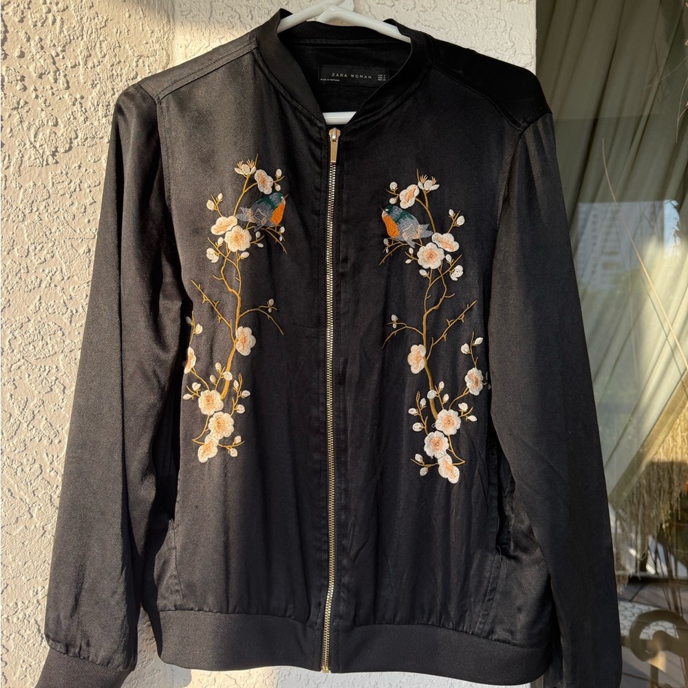 ZARA Black Satin Floral Embriodered Bomber Jacket